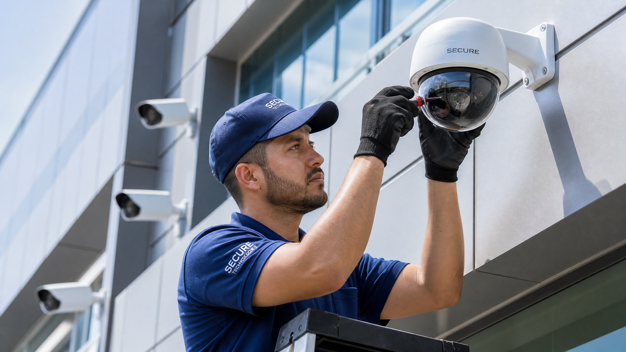 Técnico LH Sistemas instalando câmera de segurança